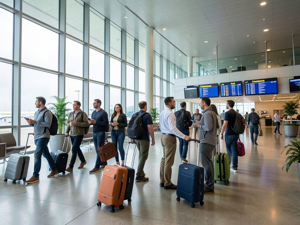 Modern airport terminal interior with tall glass windows