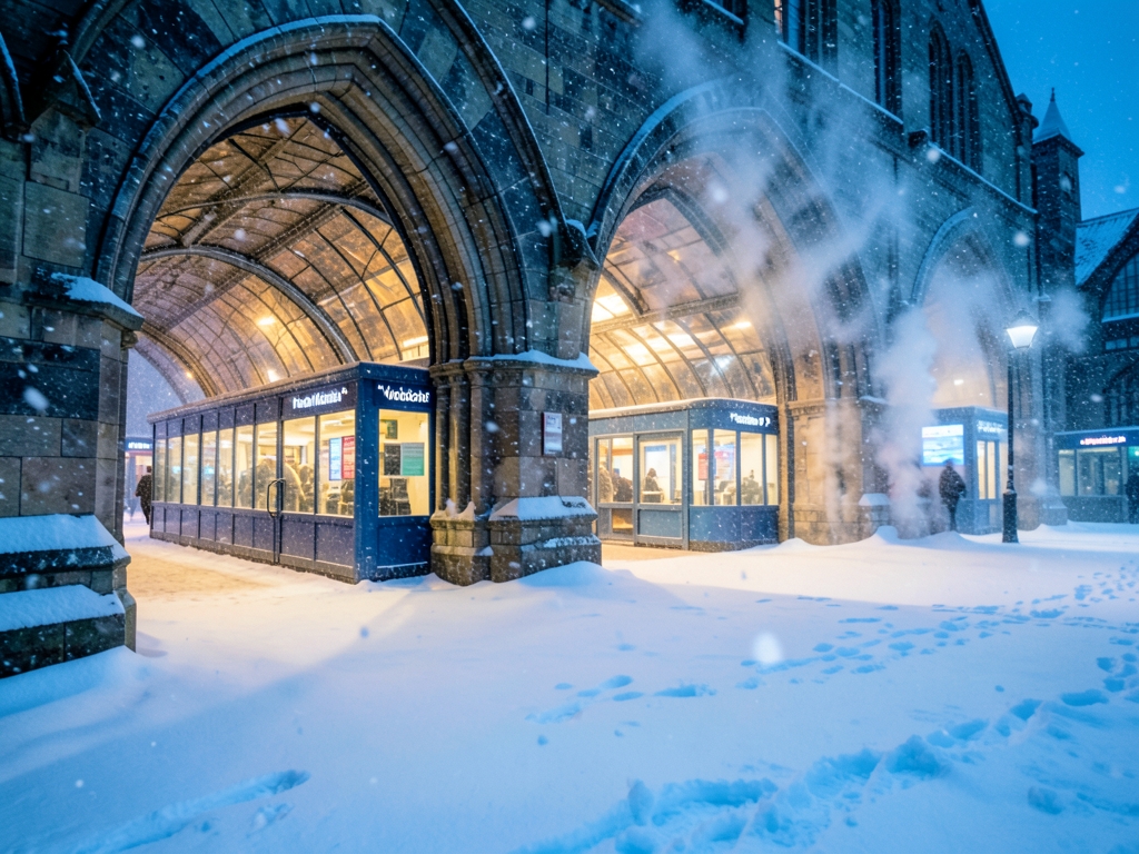 Snowy London evening beside Gothic stone arches glass