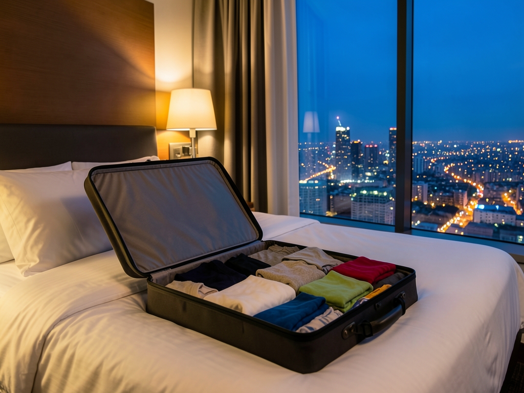 Open suitcase with folded clothes hotel beside window