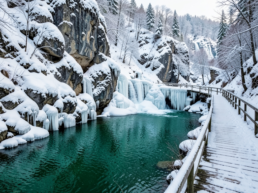 Plitvice Lakes winter snow covered limestone cliffs timber walkways