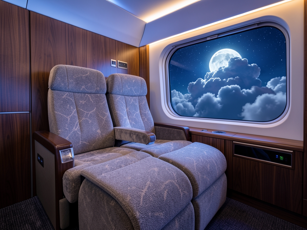 Business class cabin night with lie flat seats soft