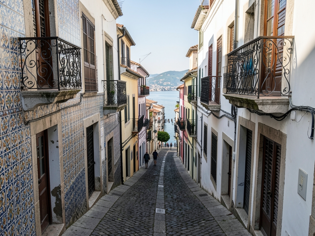 narrow Porto street descending toward river whitewashed façades