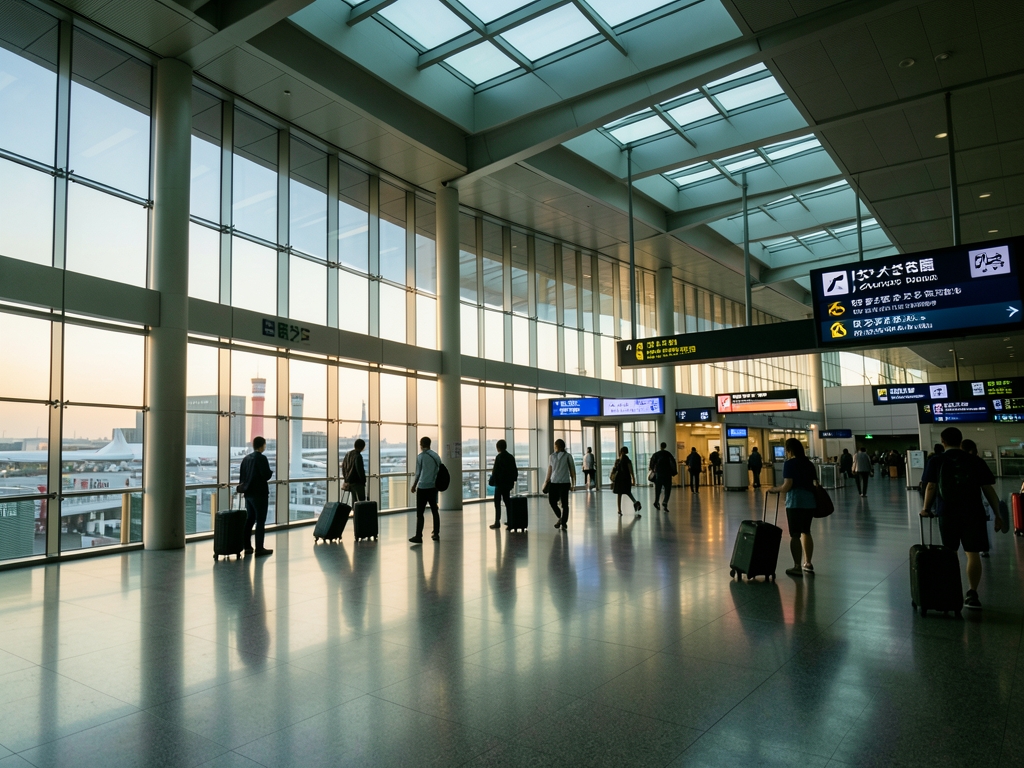 sleek modern Tokyo airport terminal dawn with glass