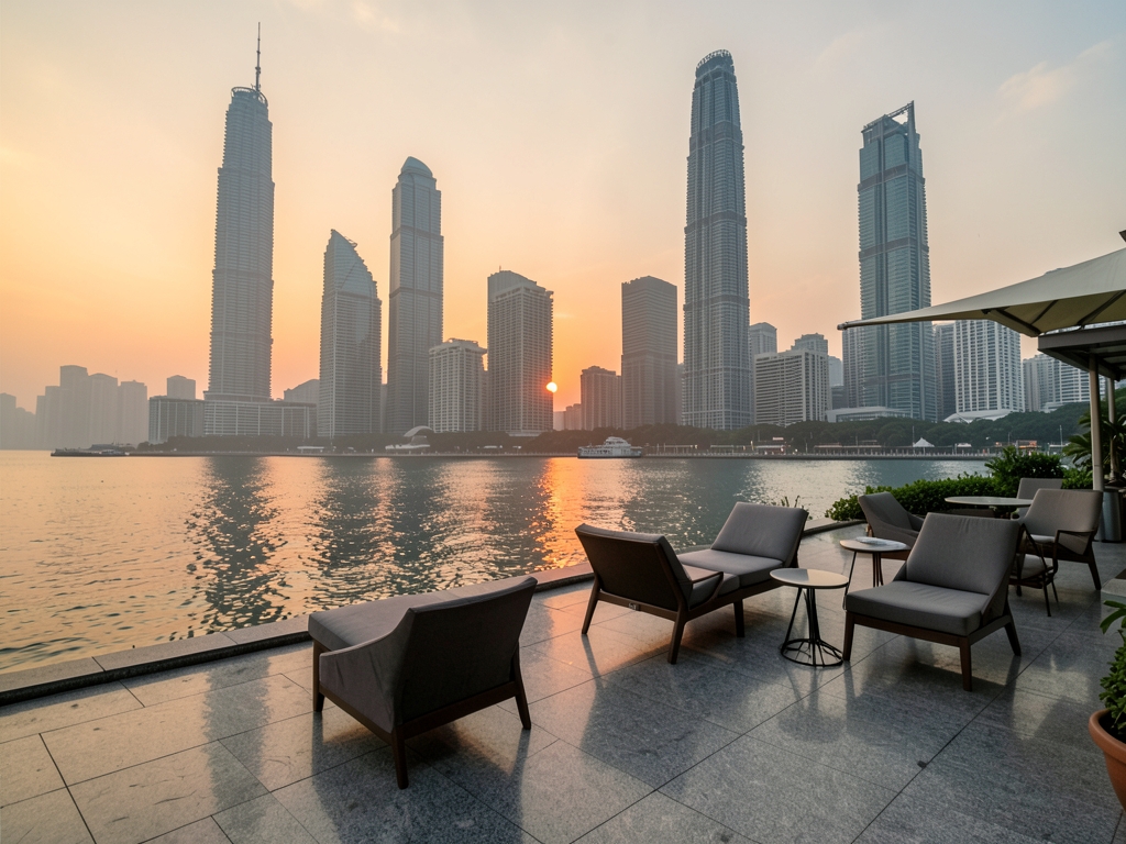 Dusk skyline Singapore with Marina waterfront glass towers