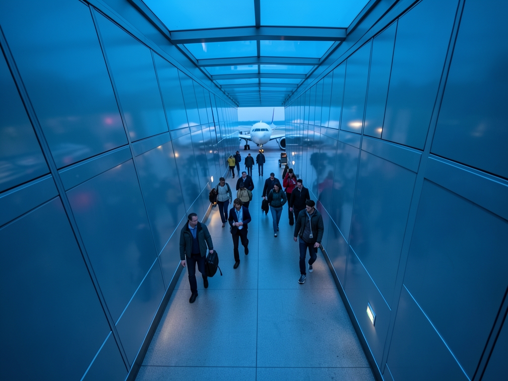 Overhead view bridge corridor with passengers boarding plane