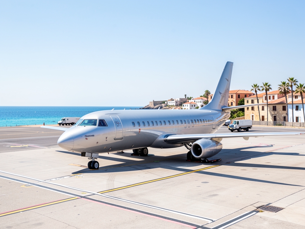 Bombardier aircraft rests sunlit airport apron overlooking calm
