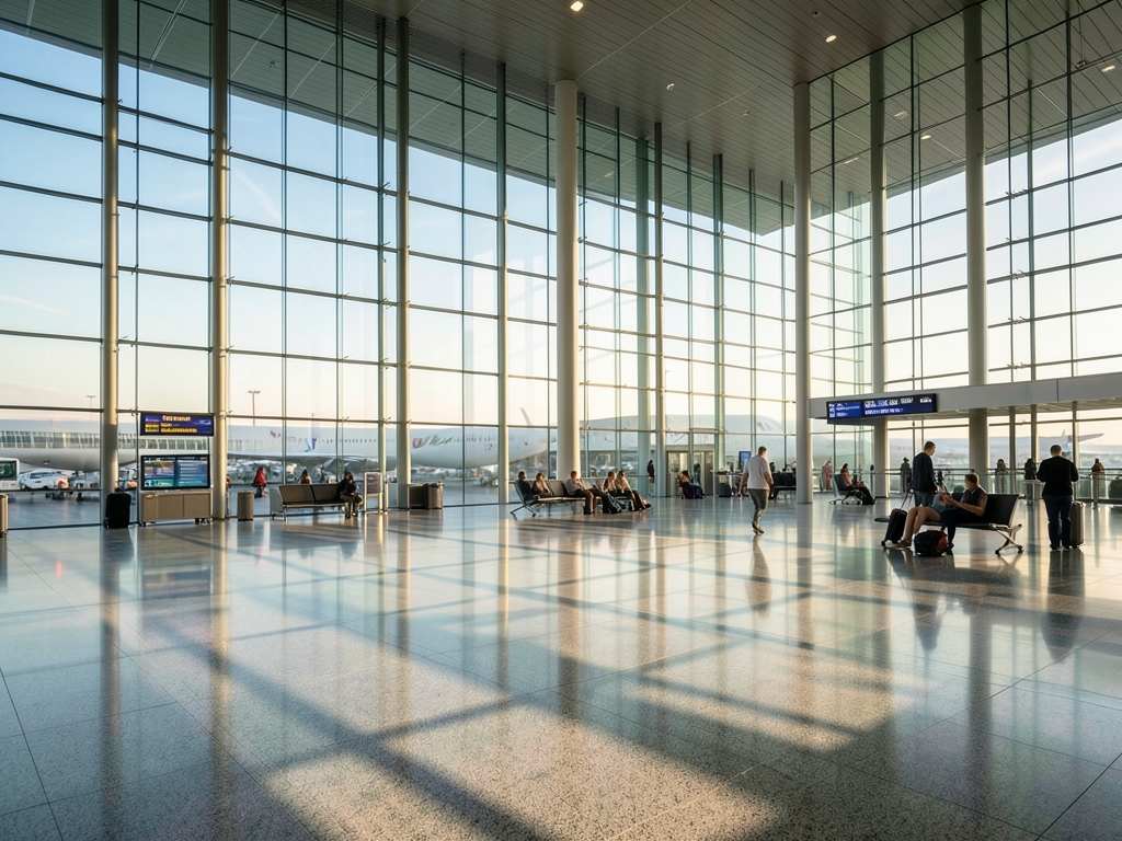 vast airport terminal interior dawn with tall glass