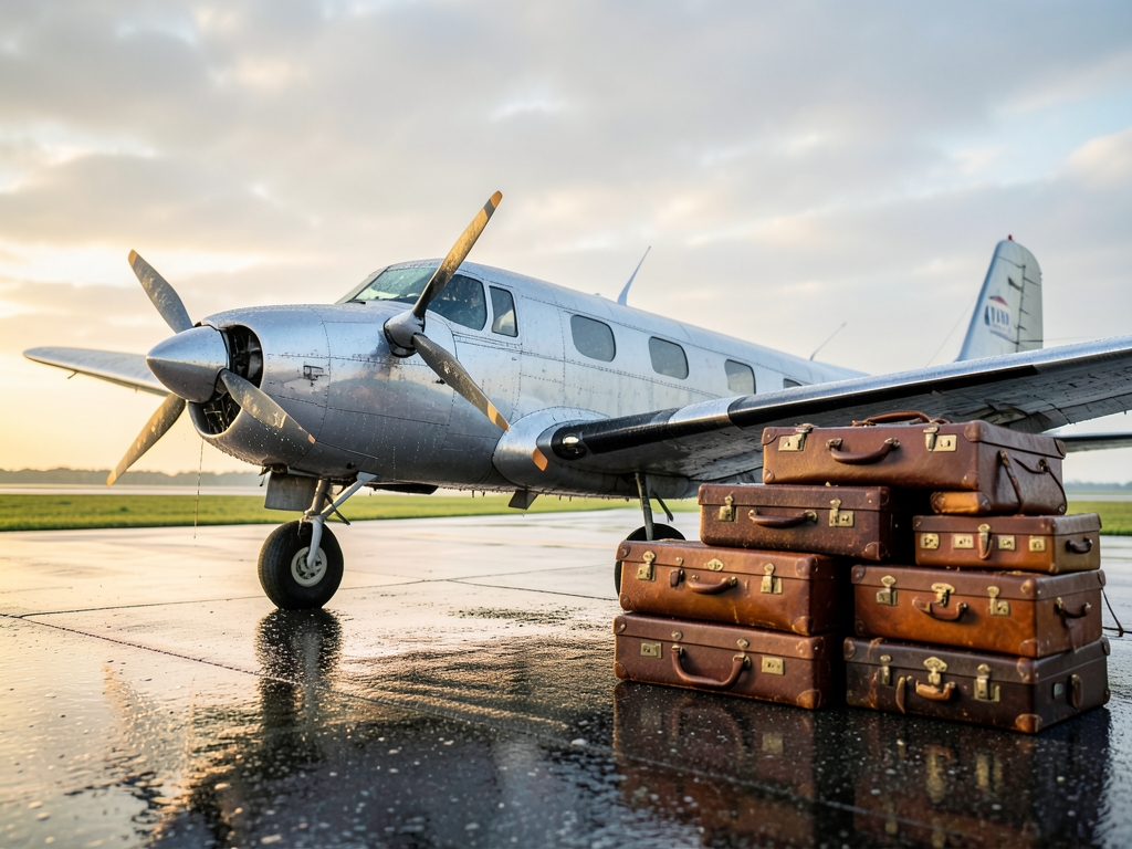 Rain slick runway dawn with vintage silver propeller plane