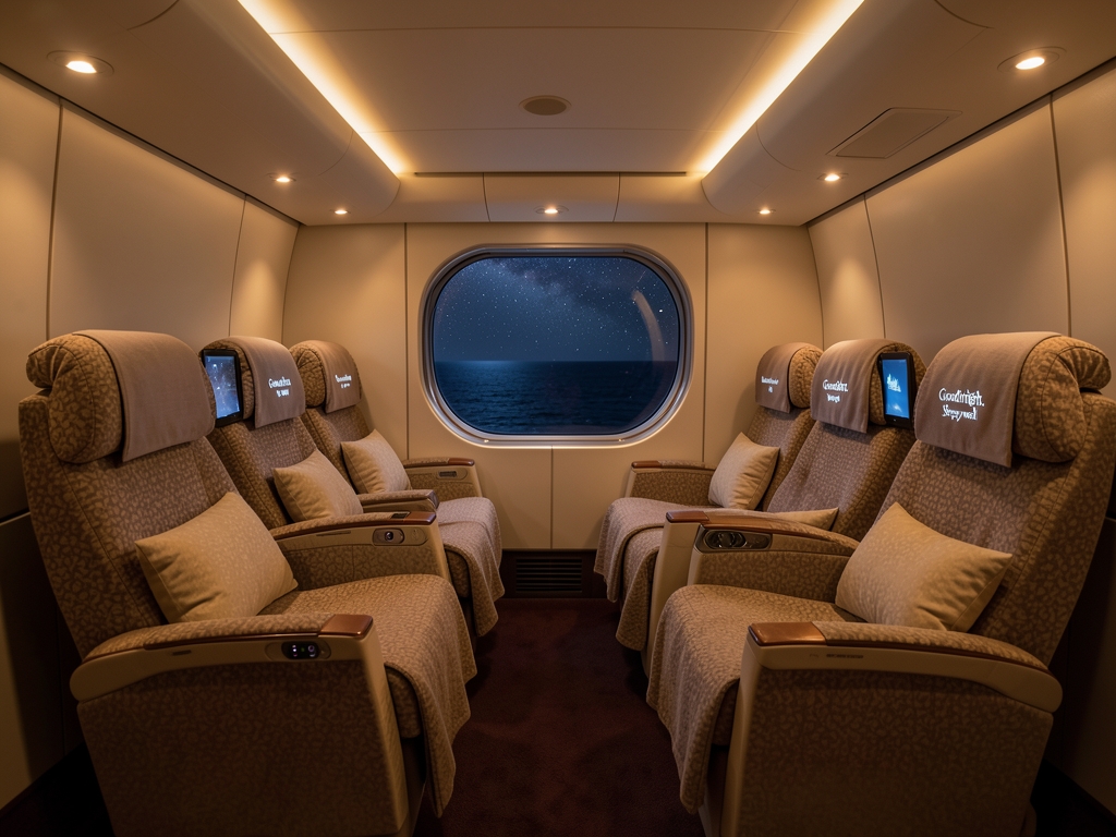 Business class cabin interior night with lie flat seats warm