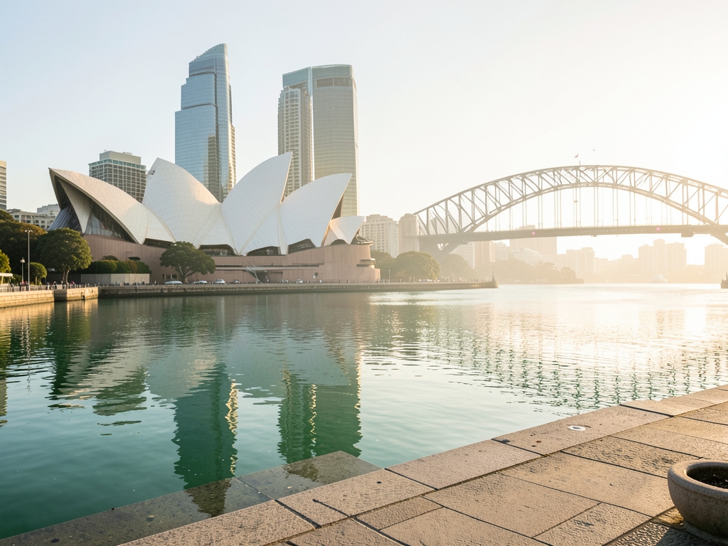 Sydney Harbour early sunrise from quiet promenade pale