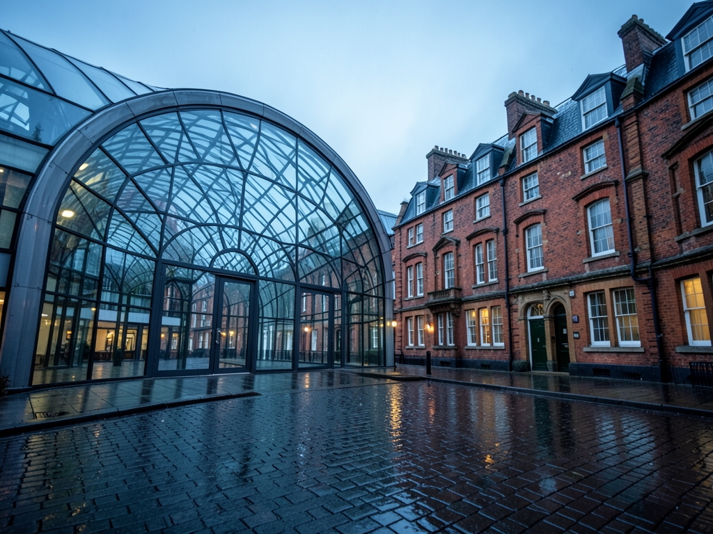 London s glass railway arches red brick terraces beneath silver blue
