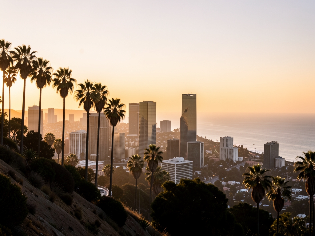 Golden hour view over downtown Angeles from palm lined hillside