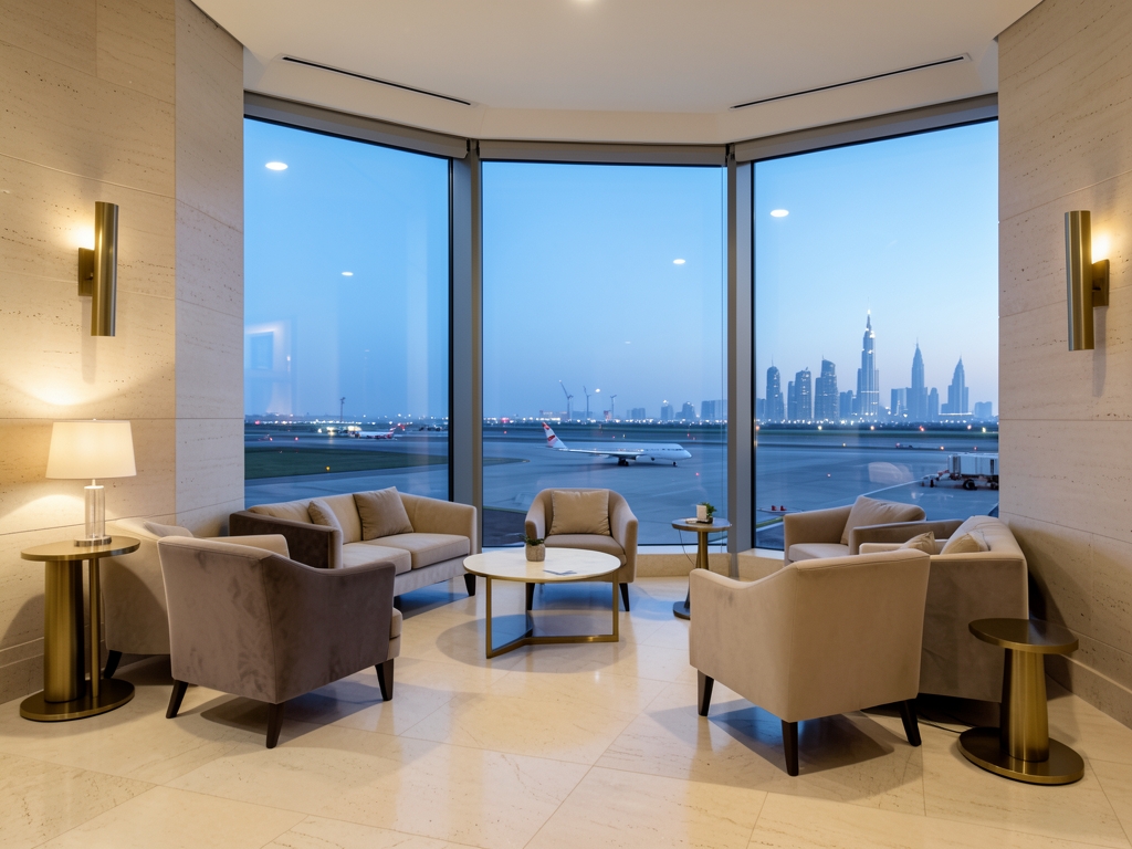 Quiet airport lounge overlooking runway distant Doha skyline