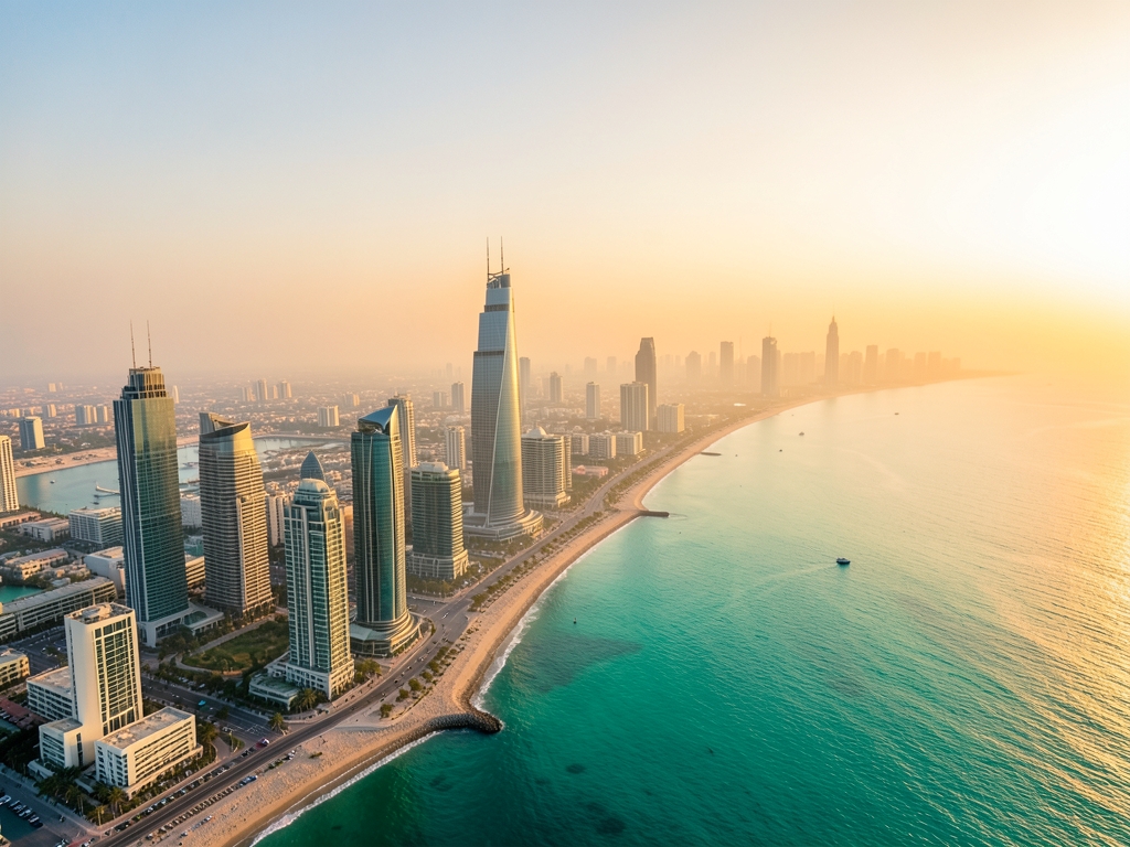 Aerial view Doha coastline golden hour glass skyscrapers