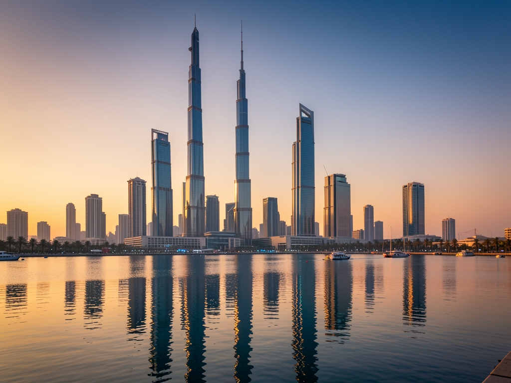 Doha skyline golden hour with glass towers calm