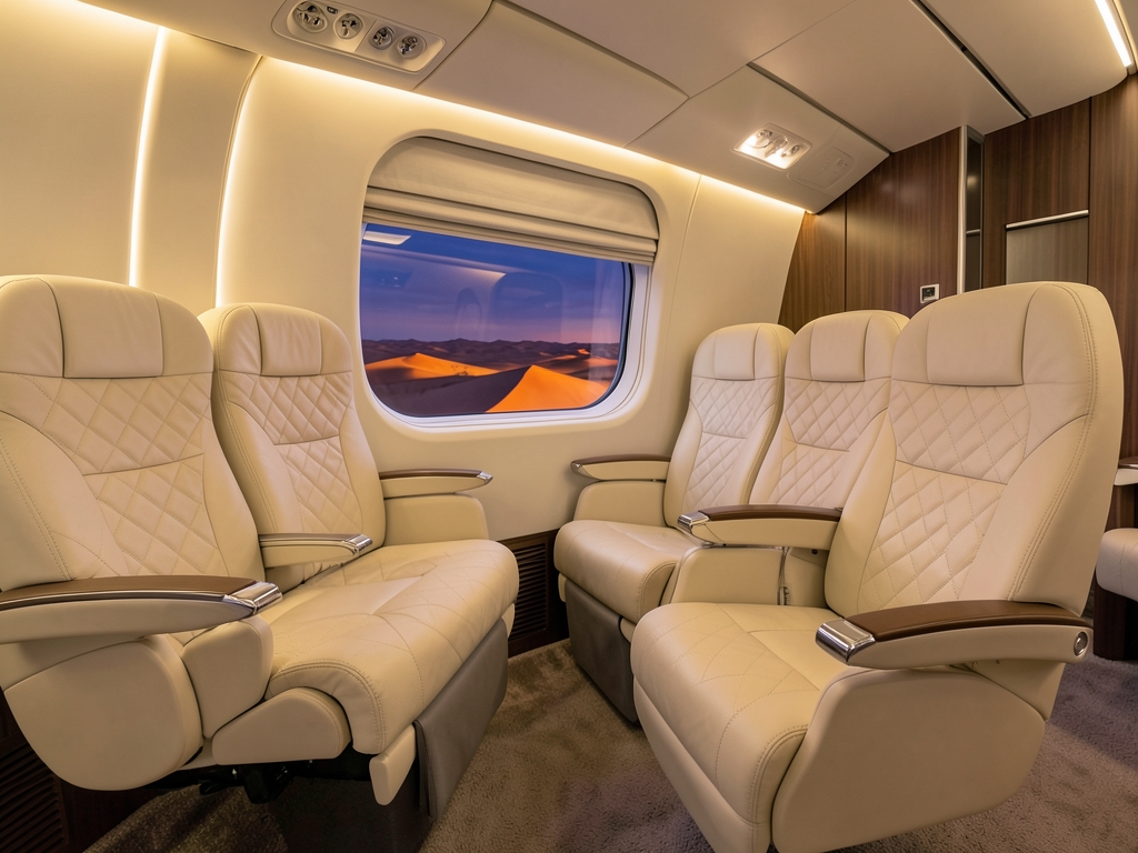 Serene business class cabin interior with spacious lie flat