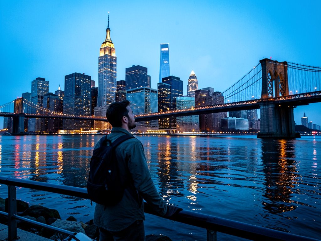 Manhattan skyline twilight with river reflections steel bridges
