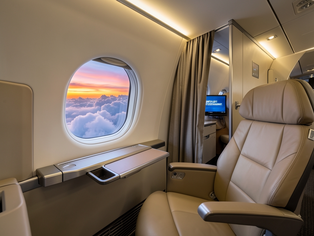 Airplane business class cabin with sliding privacy doors soft