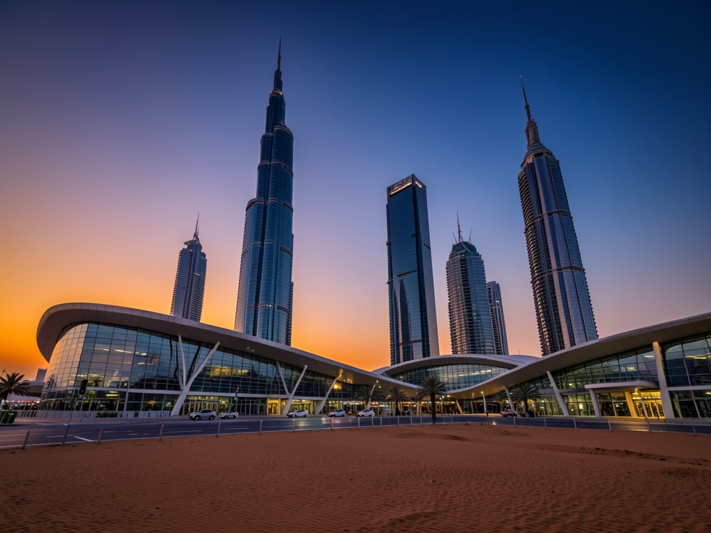 Modern Doha skyline twilight glass towers rising from