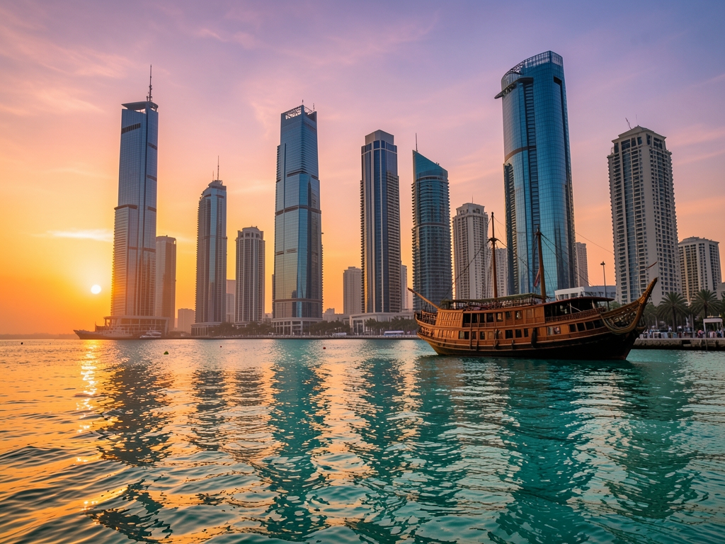 Doha skyline sunset over calm turquoise Gulf water