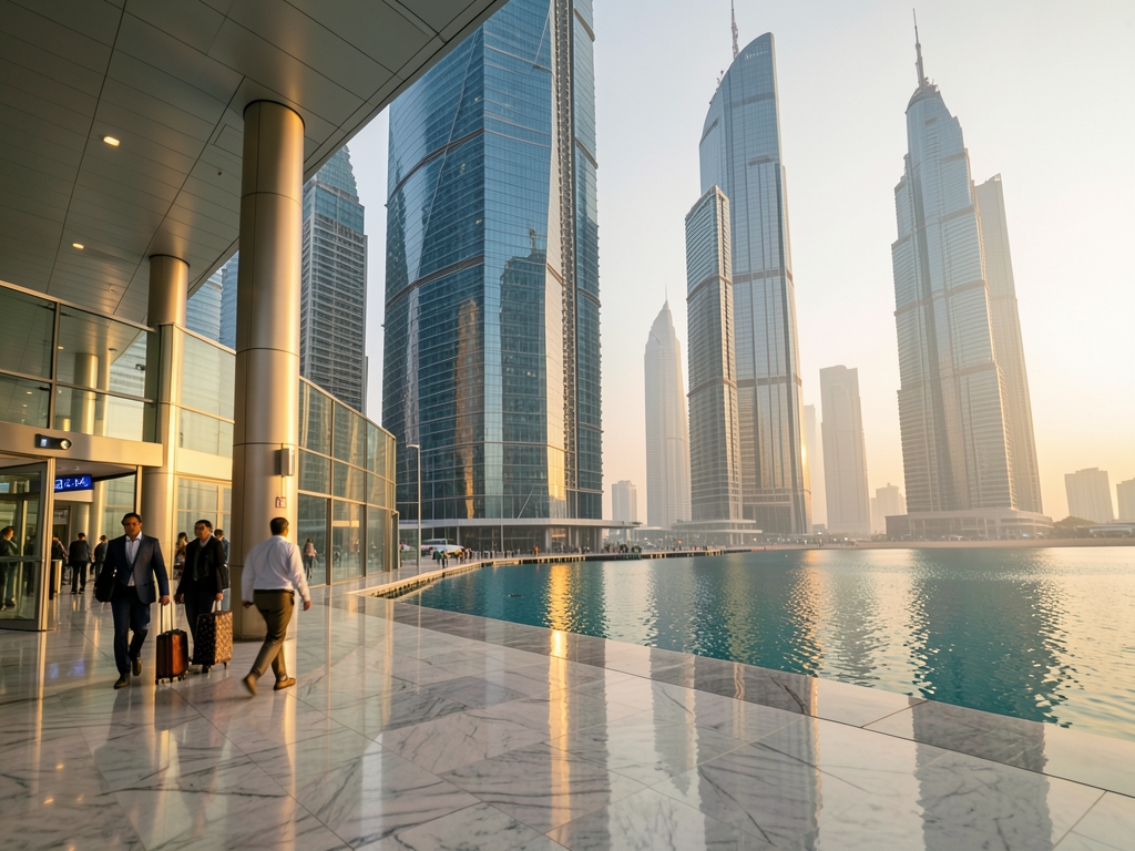 Modern Doha skyline golden hour with glass towers