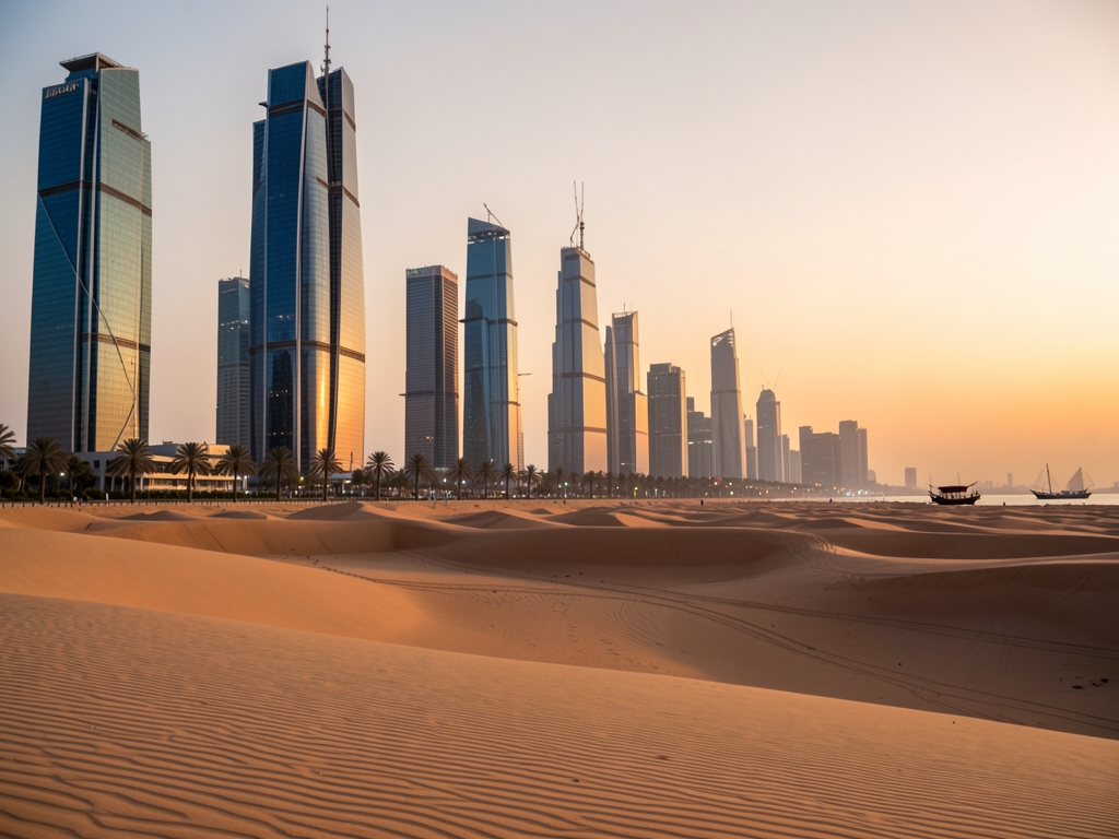 Modern Doha skyline golden hour with glass towers