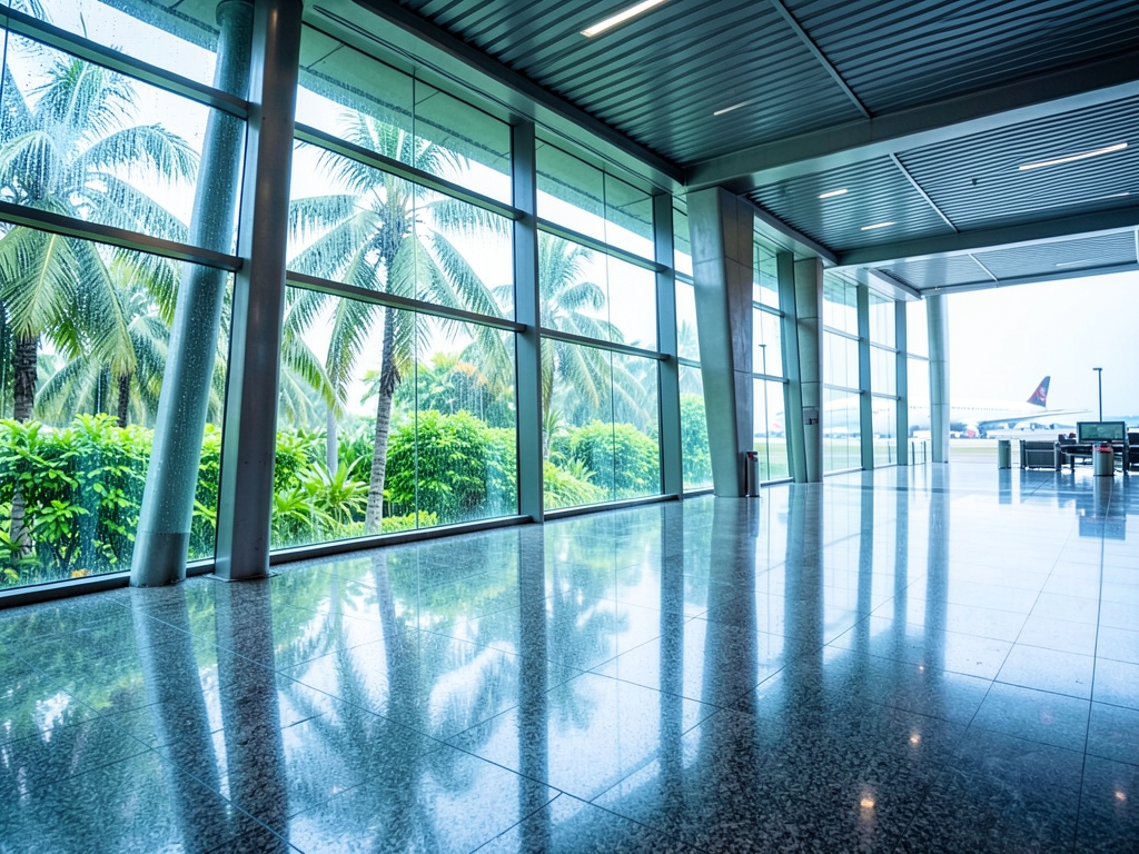 rain bright tropical terminal Singapore polished stone steel palm