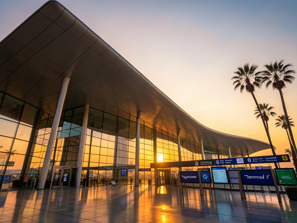 Modern Gulf airport terminal golden sunset with curved