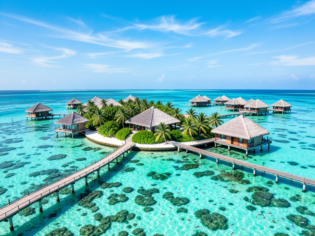 Aerial view Maldives tropical atoll with turquoise lagoon