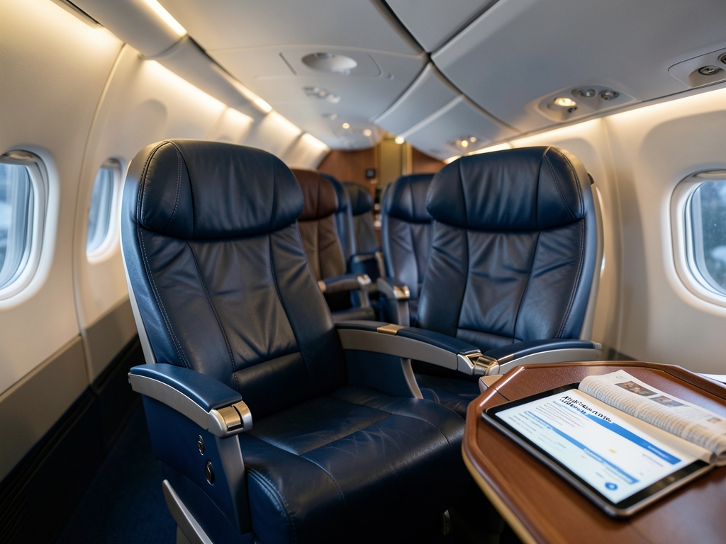 Spacious airplane cabin with soft ambient lighting wide