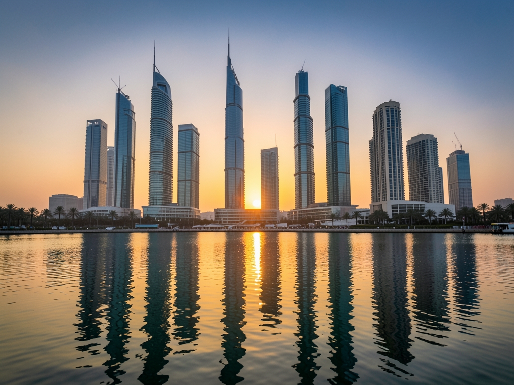 Doha waterfront skyline golden sunset with modern glass