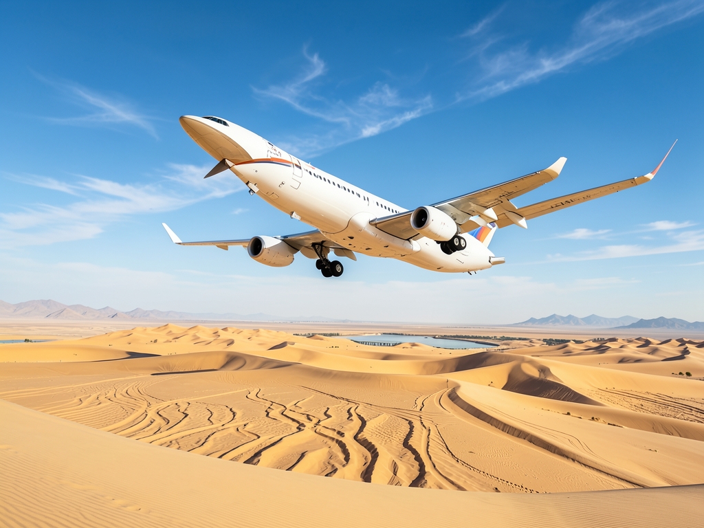Sleek white aircraft soaring above stark desert dunes