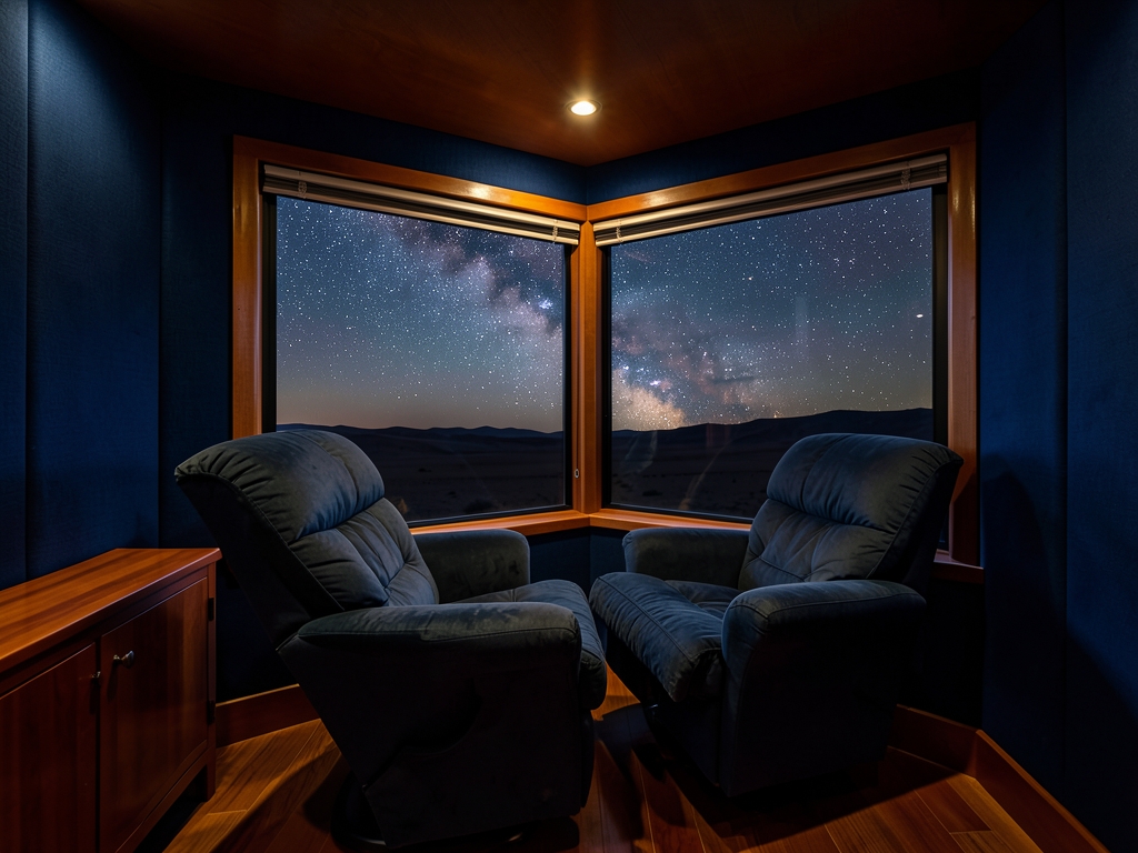 dimly private cabin interior with deep navy blue
