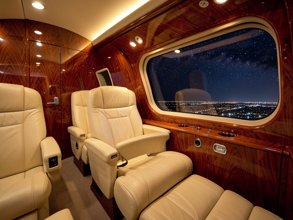 Interior view luxurious aviation cabin featuring plush cream