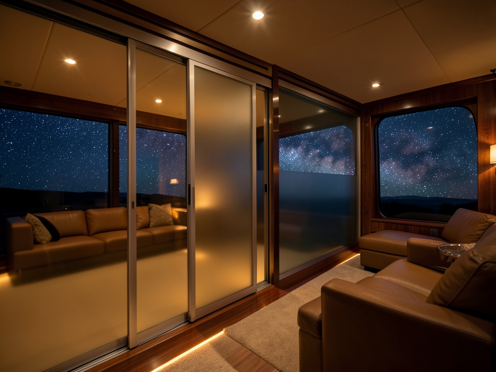 Dimly wide body cabin with sliding privacy doors soft