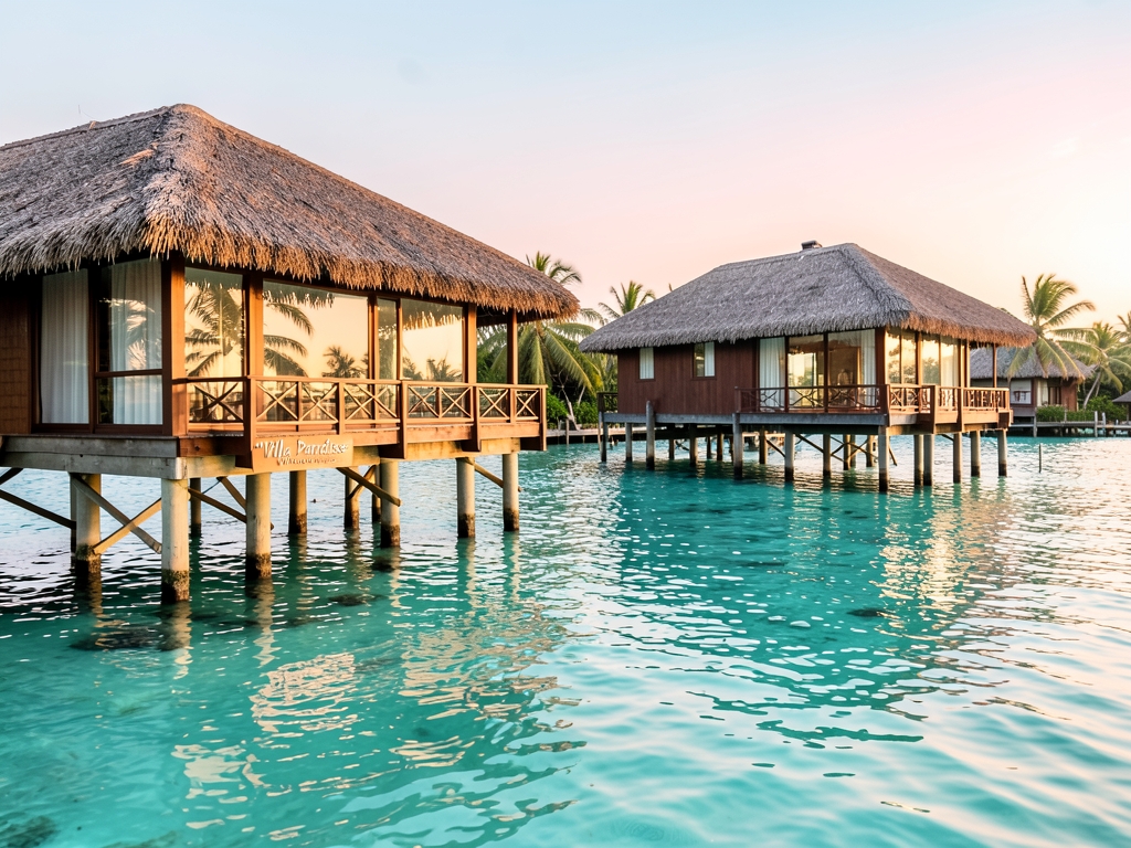 Overwater villas stilts above turquoise lagoon golden hour