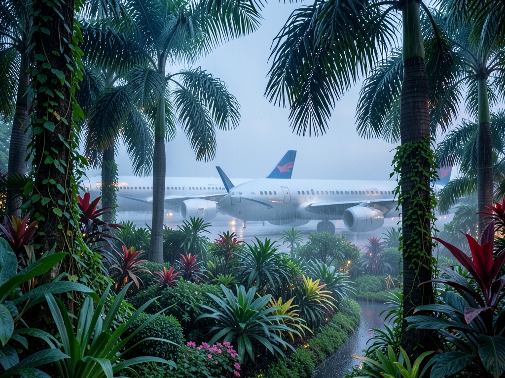 Tropical mist drifts through lush greenery Singaporean arrival