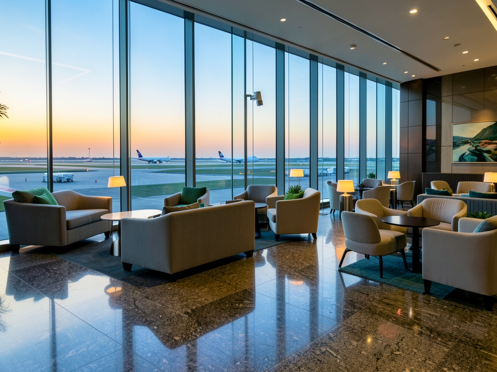 Modern airport lounge with polished stone floors floor to ceiling