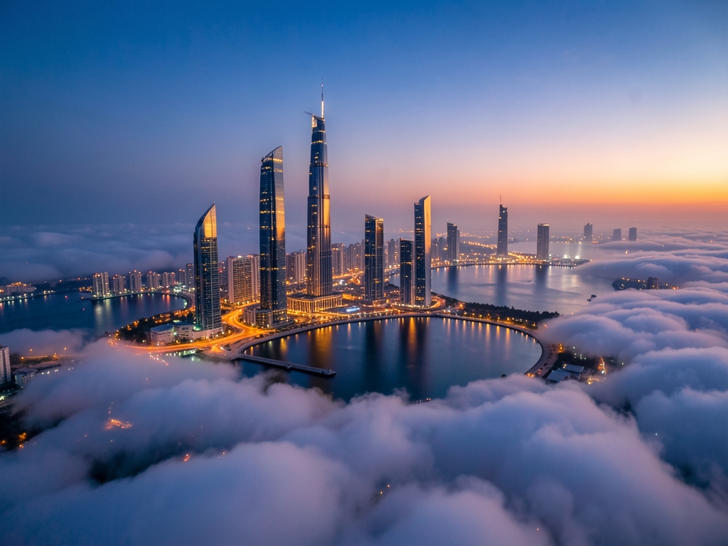 Doha skyline dusk seen from above clouds sleek