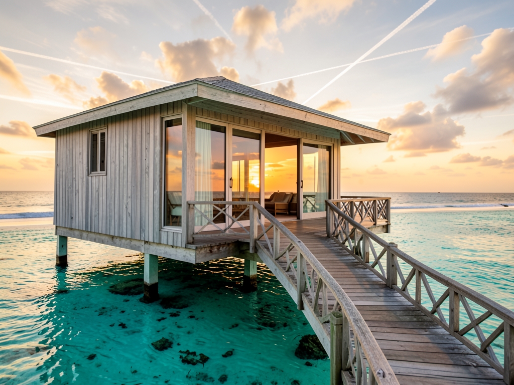 serene Maldives overwater villa sunset turquoise lagoon wooden