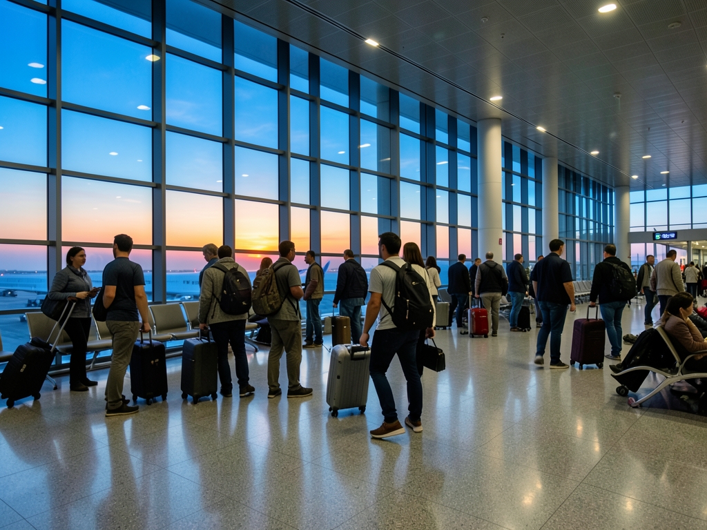Modern airport terminal departure hall with tall glass