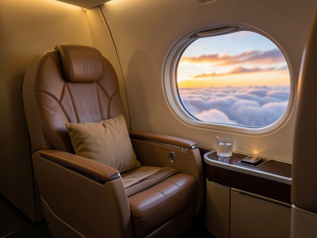 Luxury airplane business class cabin with enclosed suite soft