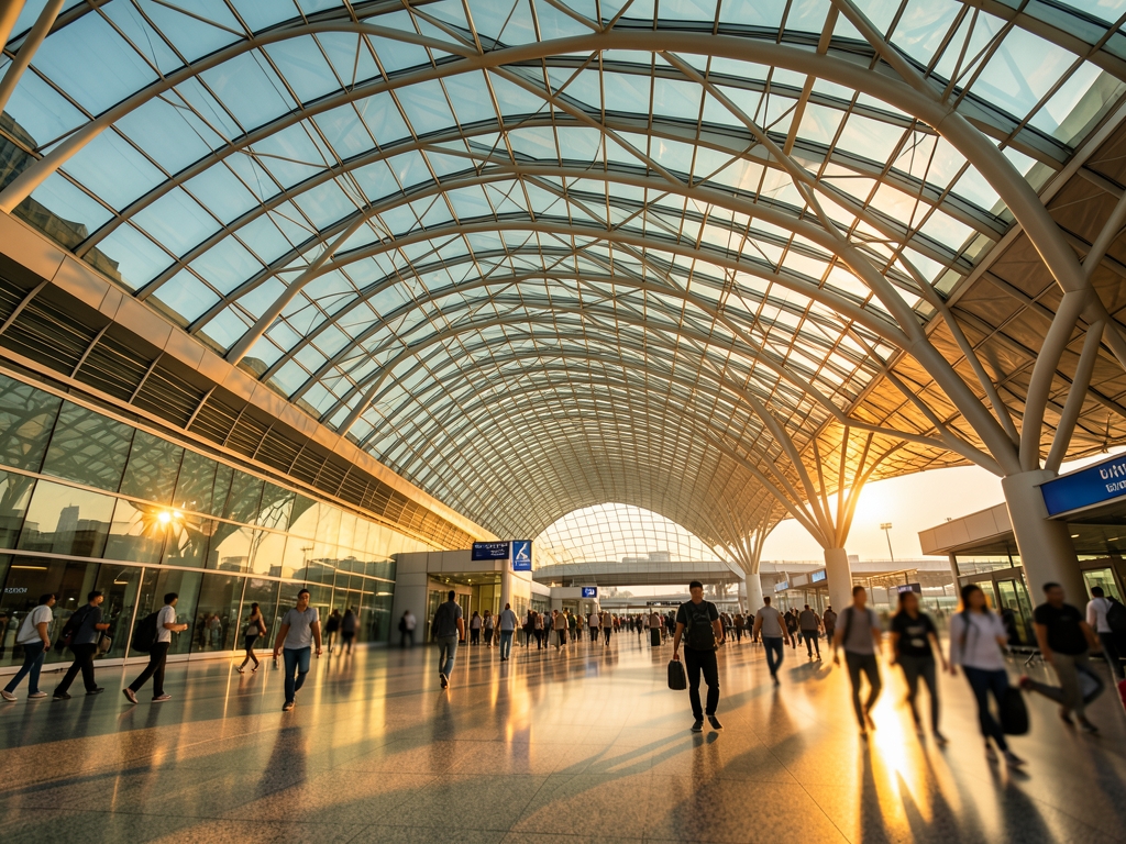 Modern airport terminal architecture Doha golden hour sweeping