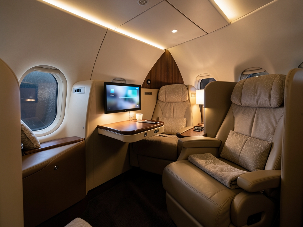 Airplane business class cabin with enclosed suites soft ambient