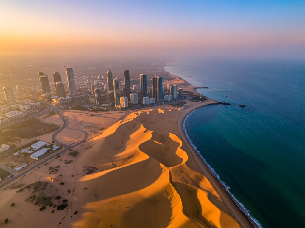 Aerial view desert coastline city golden hour sun