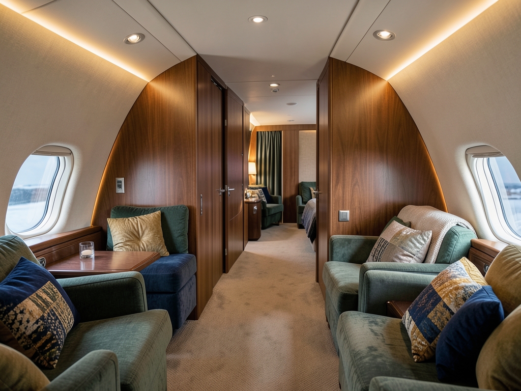 Luxury aircraft cabin with private sliding door suites warm