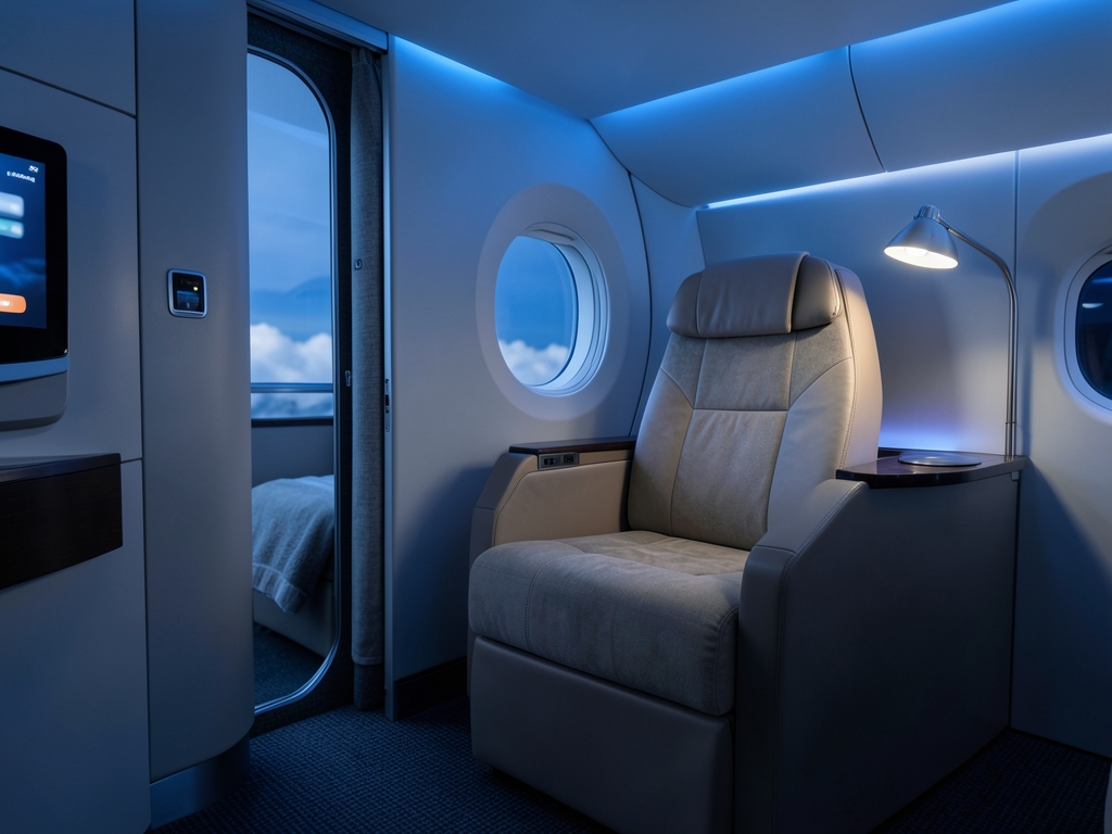 Business class suite cabin with sliding privacy door