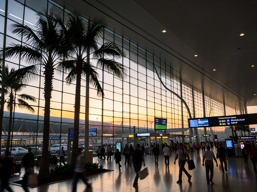 Modern airport terminal dusk with glass façade palm