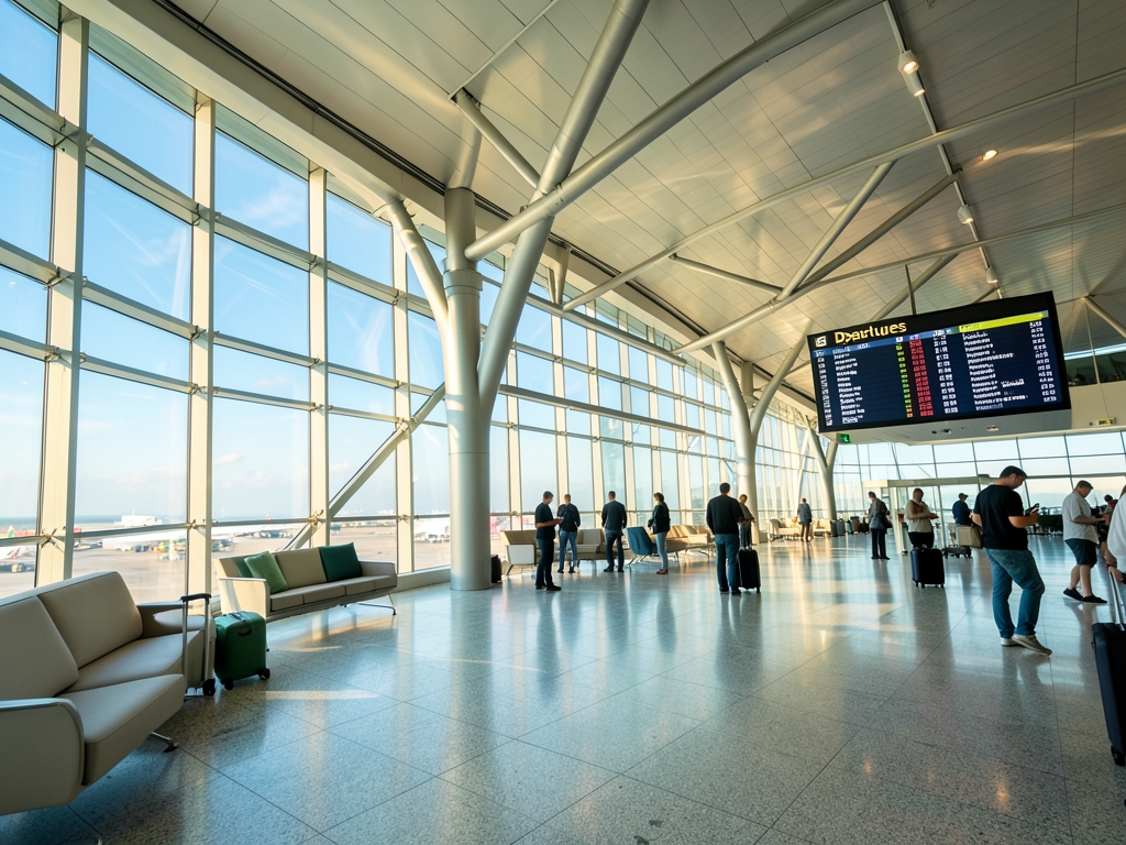 Bright modern airport terminal morning light with tall