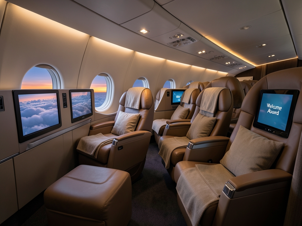 Modern airplane business class cabin dusk wide reclining seats